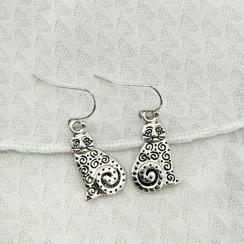 Silver Cat Dangle Earrings Swirl Pattern Whimsica… - image 2
